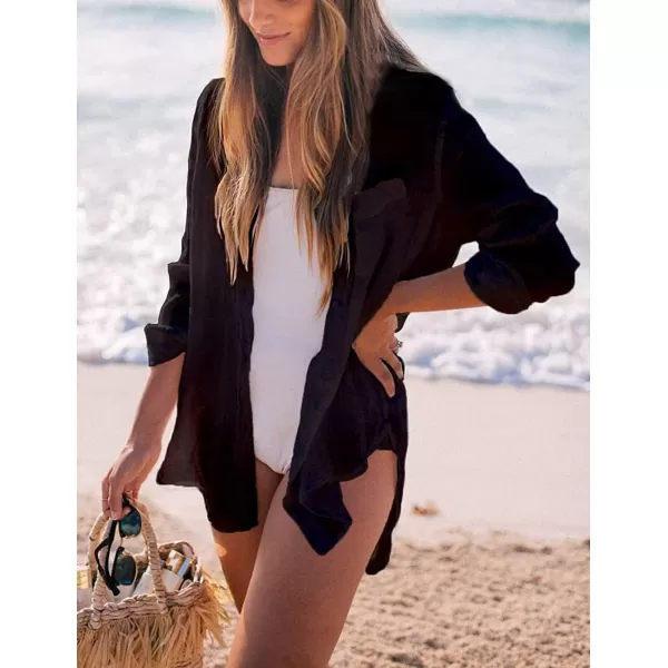 Bsubseach Women Long Sleeve Beach Shirt Blouses Bathing Suit Cover Up Button Down Collar