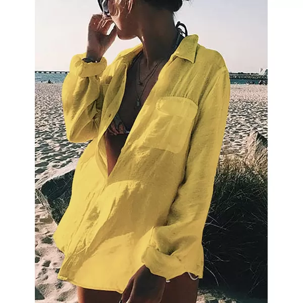 Bsubseach Women Long Sleeve Beach Shirt Blouses Bathing Suit Cover Up Button Down Collar