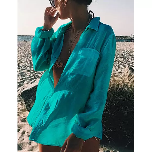 Bsubseach Women Long Sleeve Beach Shirt Blouses Bathing Suit Cover Up Button Down Collar