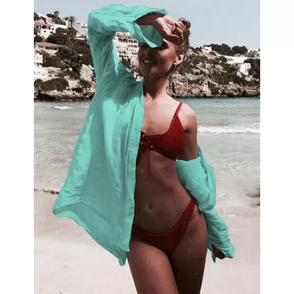Bsubseach Women Long Sleeve Beach Shirt Blouses Bathing Suit Cover Up Button Down Collar
