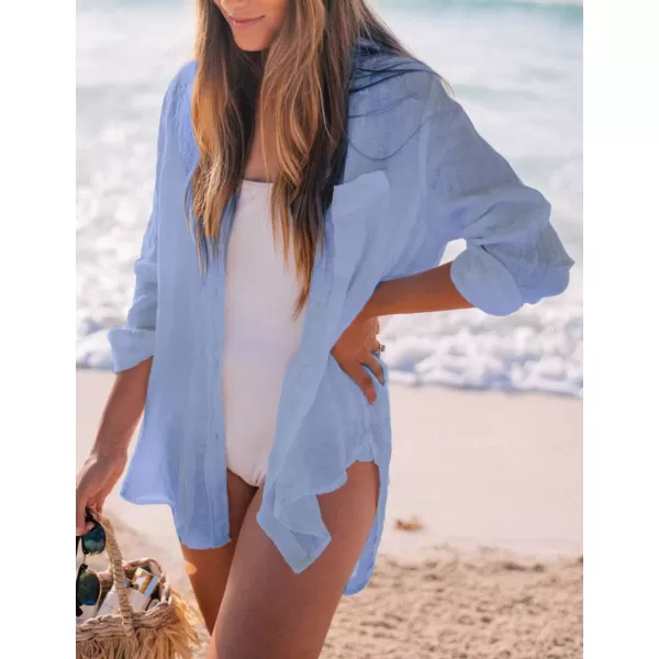 Bsubseach Women Long Sleeve Beach Shirt Blouses Bathing Suit Cover Up Button Down Collar