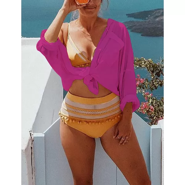 Bsubseach Women Long Sleeve Beach Shirt Blouses Bathing Suit Cover Up Button Down Collar