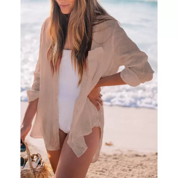 Bsubseach Women Long Sleeve Beach Shirt Blouses Bathing Suit Cover Up Button Down Collar