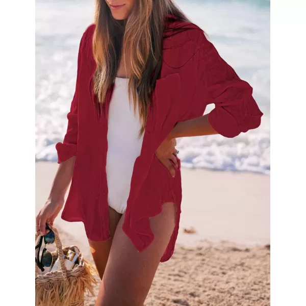 Bsubseach Women Long Sleeve Beach Shirt Blouses Bathing Suit Cover Up Button Down Collar