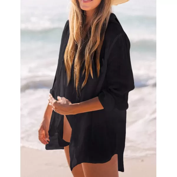 Bsubseach Women Long Sleeve Beach Shirt Blouses Bathing Suit Cover Up Button Down Collar