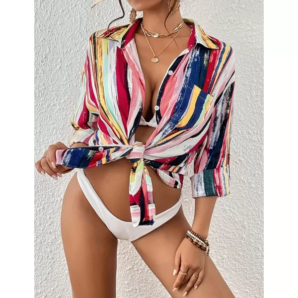 Bsubseach Women Long Sleeve Beach Shirt Blouses Bathing Suit Cover Up Button Down Collar