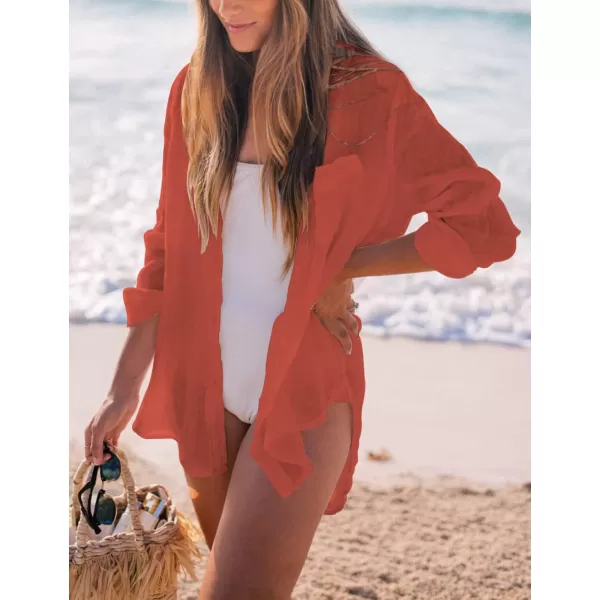 Bsubseach Women Long Sleeve Beach Shirt Blouses Bathing Suit Cover Up Button Down Collar