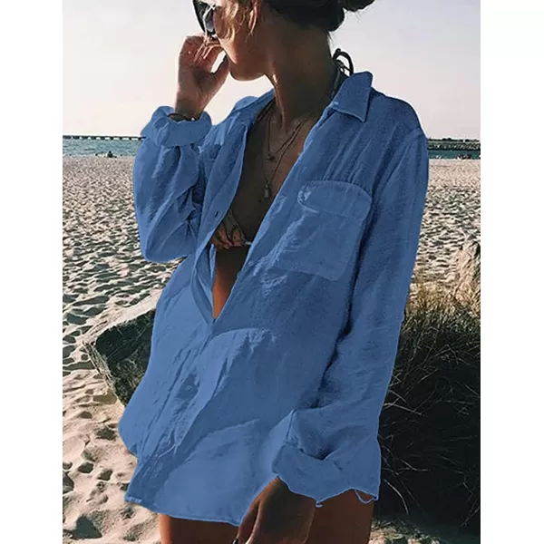 Bsubseach Women Long Sleeve Beach Shirt Blouses Bathing Suit Cover Up Button Down Collar