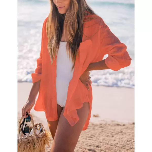 Bsubseach Women Long Sleeve Beach Shirt Blouses Bathing Suit Cover Up Button Down Collar