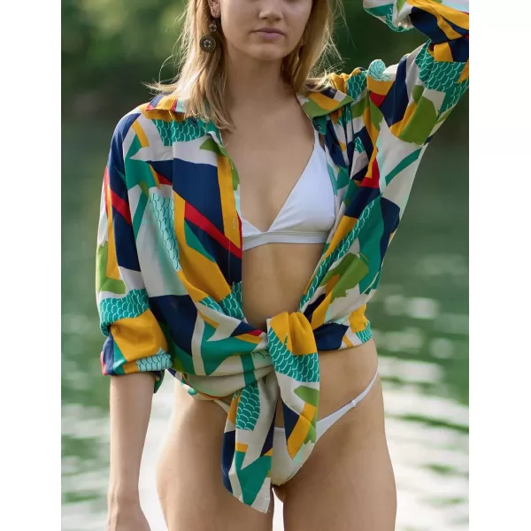 Bsubseach Women Long Sleeve Beach Shirt Blouses Bathing Suit Cover Up Button Down Collar