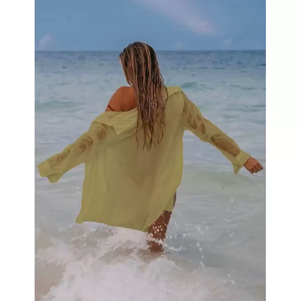 Bsubseach Women Long Sleeve Beach Shirt Blouses Bathing Suit Cover Up Button Down Collar