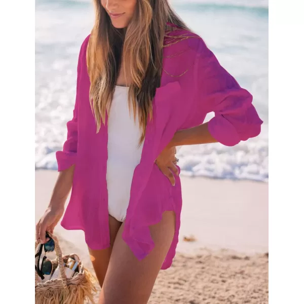 Bsubseach Women Long Sleeve Beach Shirt Blouses Bathing Suit Cover Up Button Down Collar