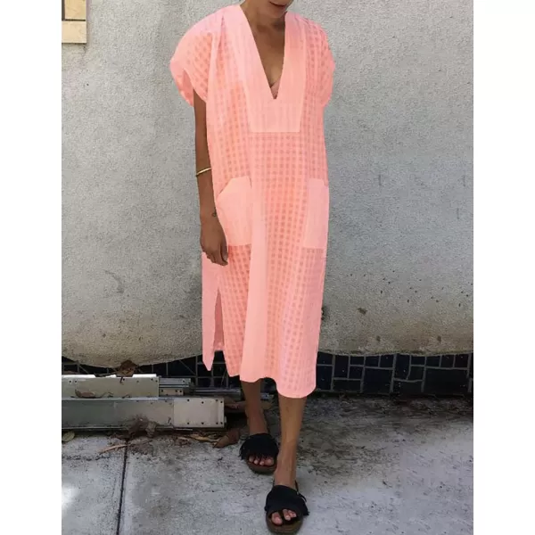 Bsubseach Women Plaid Swimsuit Cover Up V Neck Kaftan Dresses Caftan Maxi Dress