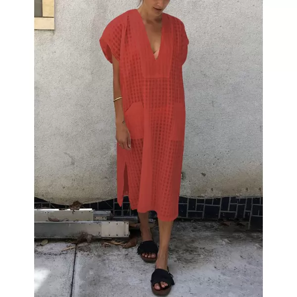 Bsubseach Women Plaid Swimsuit Cover Up V Neck Kaftan Dresses Caftan Maxi Dress