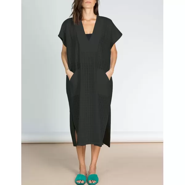 Bsubseach Women Plaid Swimsuit Cover Up V Neck Kaftan Dresses Caftan Maxi Dress