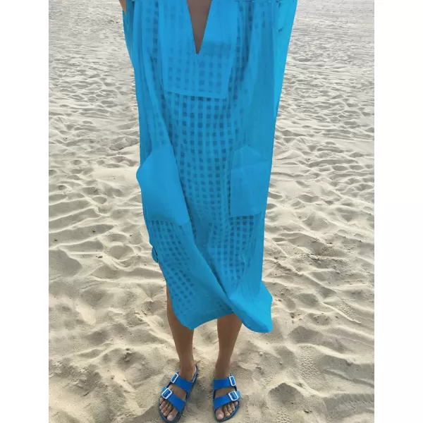 Bsubseach Women Plaid Swimsuit Cover Up V Neck Kaftan Dresses Caftan Maxi Dress