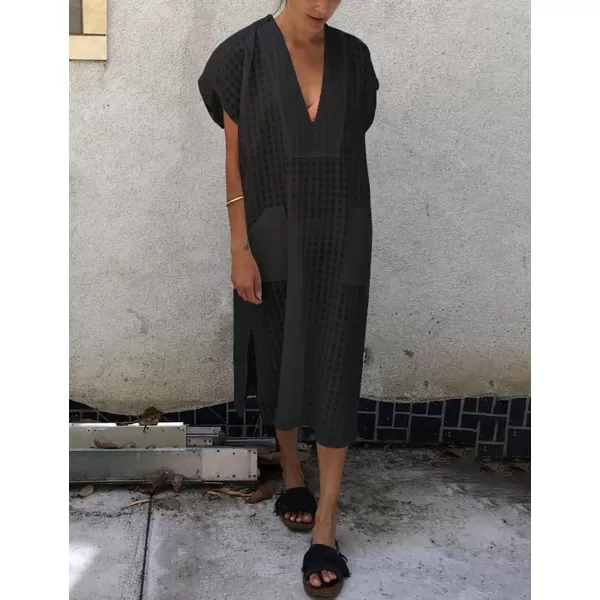 Bsubseach Women Plaid Swimsuit Cover Up V Neck Kaftan Dresses Caftan Maxi Dress