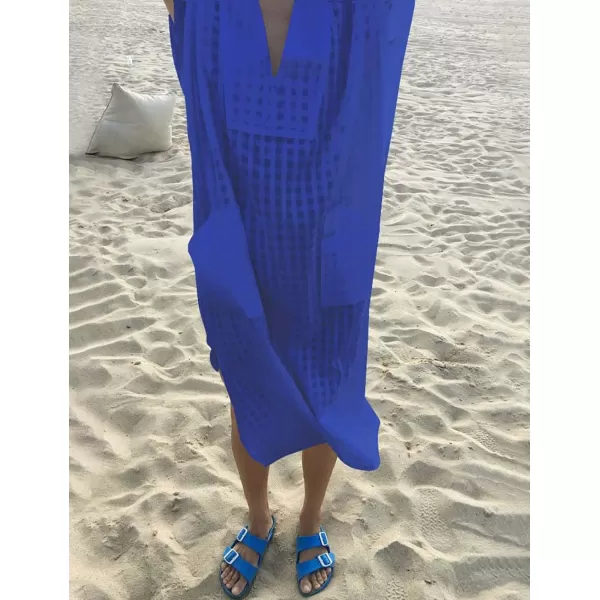 Bsubseach Women Plaid Swimsuit Cover Up V Neck Kaftan Dresses Caftan Maxi Dress