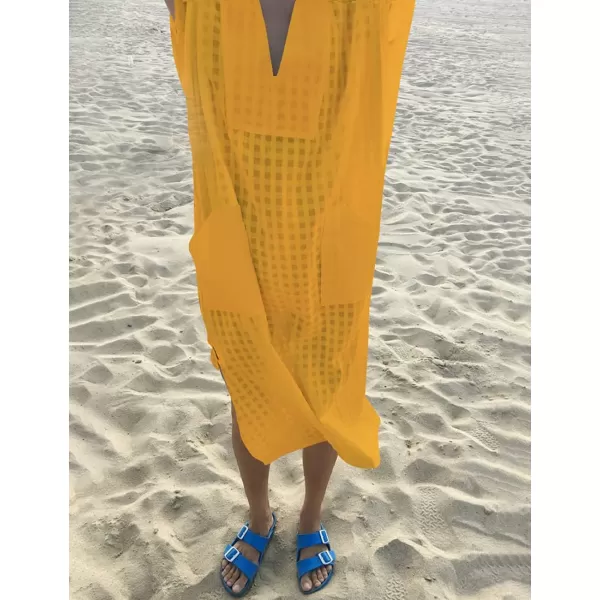 Bsubseach Women Plaid Swimsuit Cover Up V Neck Kaftan Dresses Caftan Maxi Dress