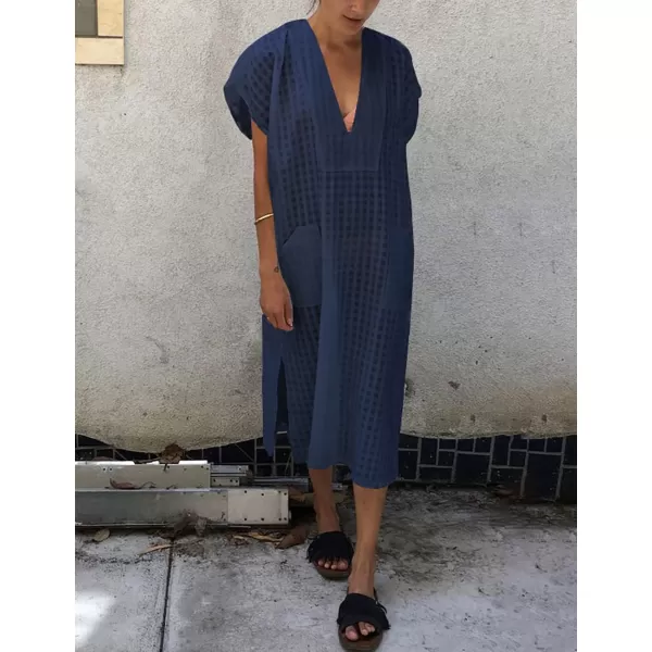 Bsubseach Women Plaid Swimsuit Cover Up V Neck Kaftan Dresses Caftan Maxi Dress