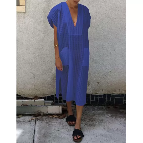 Bsubseach Women Plaid Swimsuit Cover Up V Neck Kaftan Dresses Caftan Maxi Dress