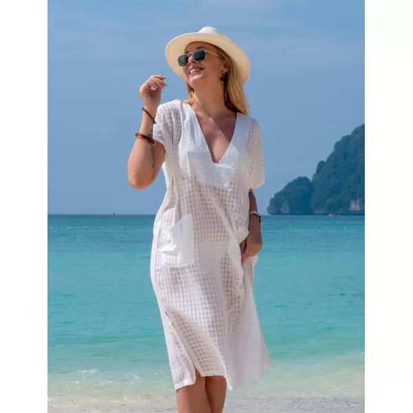 Bsubseach Women Plaid Swimsuit Cover Up V Neck Kaftan Dresses Caftan Maxi Dress