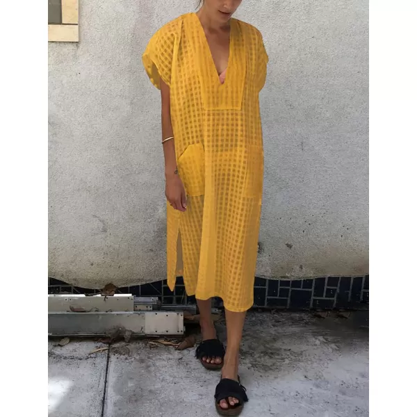 Bsubseach Women Plaid Swimsuit Cover Up V Neck Kaftan Dresses Caftan Maxi Dress
