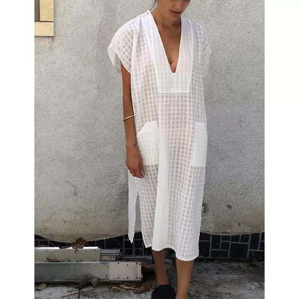 Bsubseach Women Plaid Swimsuit Cover Up V Neck Kaftan Dresses Caftan Maxi Dress