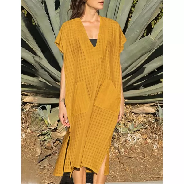 Bsubseach Women Plaid Swimsuit Cover Up V Neck Kaftan Dresses Caftan Maxi Dress