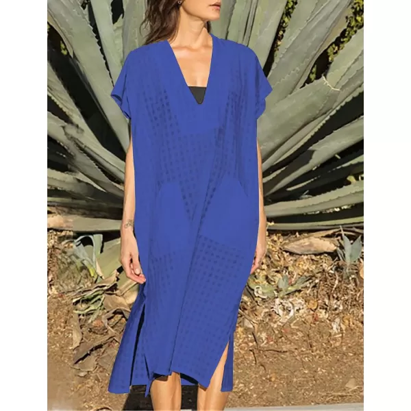 Bsubseach Women Plaid Swimsuit Cover Up V Neck Kaftan Dresses Caftan Maxi Dress