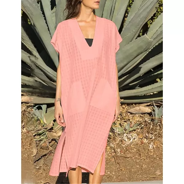 Bsubseach Women Plaid Swimsuit Cover Up V Neck Kaftan Dresses Caftan Maxi Dress