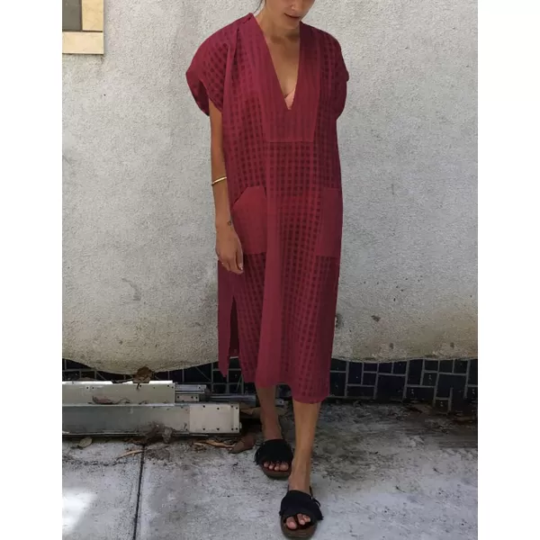 Bsubseach Women Plaid Swimsuit Cover Up V Neck Kaftan Dresses Caftan Maxi Dress