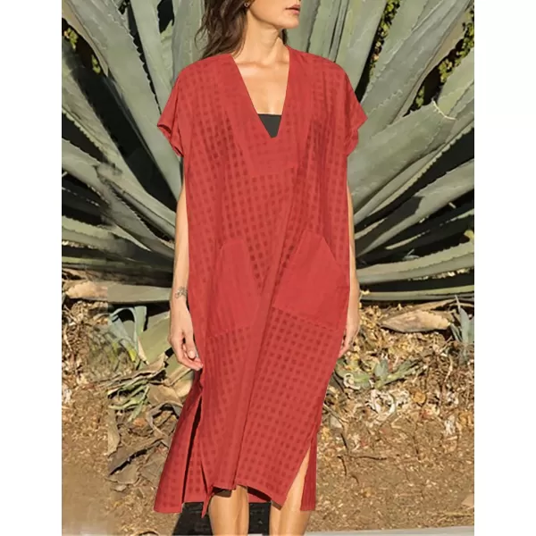 Bsubseach Women Plaid Swimsuit Cover Up V Neck Kaftan Dresses Caftan Maxi Dress