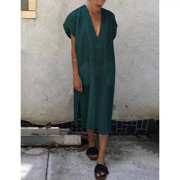 Bsubseach Women Plaid Swimsuit Cover Up V Neck Kaftan Dresses Caftan Maxi Dress