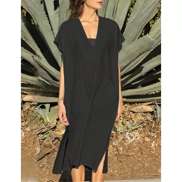 Bsubseach Women Plaid Swimsuit Cover Up V Neck Kaftan Dresses Caftan Maxi Dress
