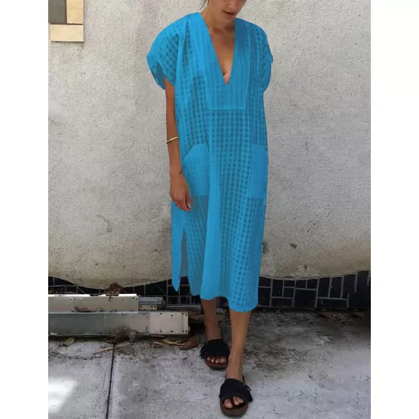 Bsubseach Women Plaid Swimsuit Cover Up V Neck Kaftan Dresses Caftan Maxi Dress
