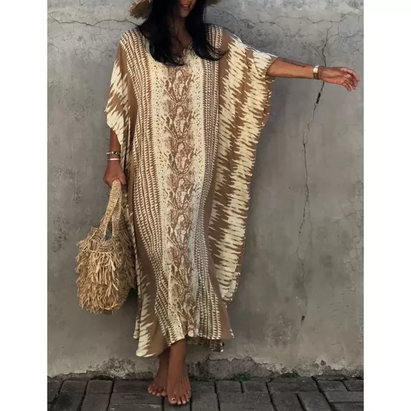 Bsubseach Women Print Beach Kaftan Dress Short Sleeve Plus Size Bathing Suit Cover Ups