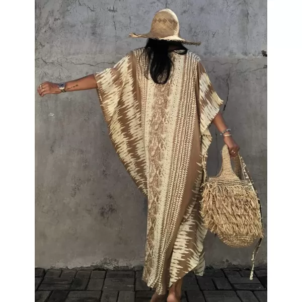 Bsubseach Women Print Beach Kaftan Dress Short Sleeve Plus Size Bathing Suit Cover Ups