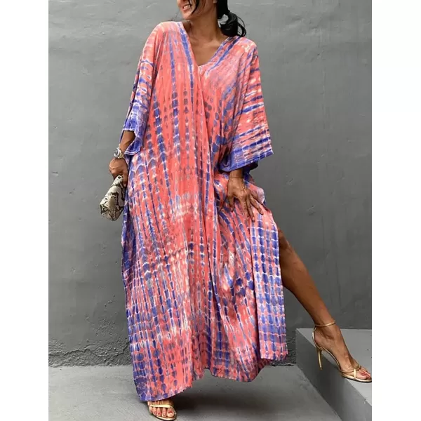 Bsubseach Women Print Beach Kaftan Dress Short Sleeve Plus Size Bathing Suit Cover Ups