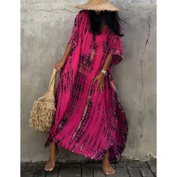 Bsubseach Women Print Beach Kaftan Dress Short Sleeve Plus Size Bathing Suit Cover Ups
