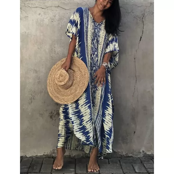 Bsubseach Women Print Beach Kaftan Dress Short Sleeve Plus Size Bathing Suit Cover Ups