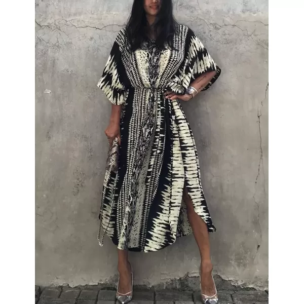 Bsubseach Women Print Beach Kaftan Dress Short Sleeve Plus Size Bathing Suit Cover Ups