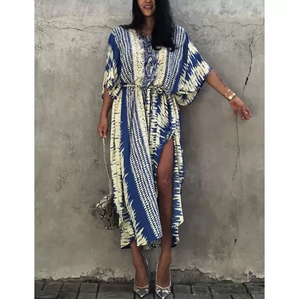 Bsubseach Women Print Beach Kaftan Dress Short Sleeve Plus Size Bathing Suit Cover Ups