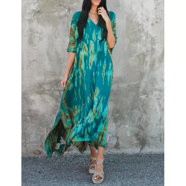 Bsubseach Women Print Beach Kaftan Dress Short Sleeve Plus Size Bathing Suit Cover Ups