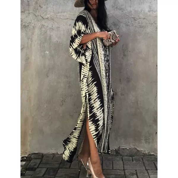 Bsubseach Women Print Beach Kaftan Dress Short Sleeve Plus Size Bathing Suit Cover Ups