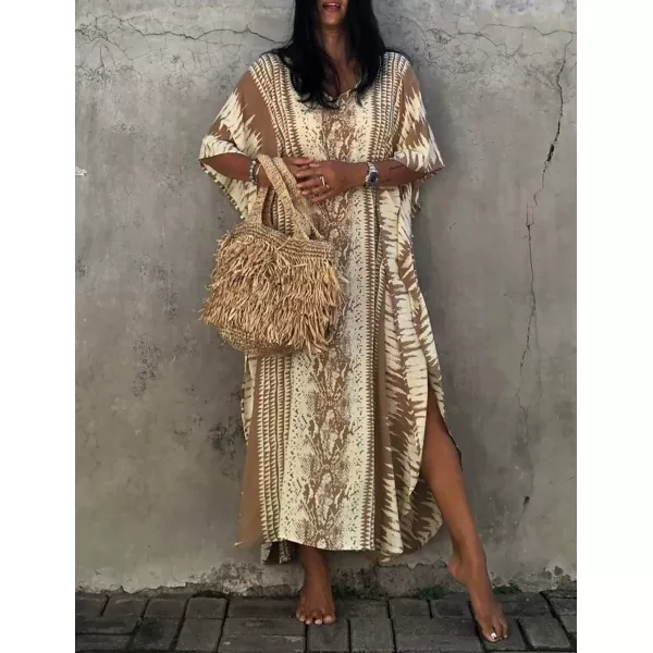 Bsubseach Women Print Beach Kaftan Dress Short Sleeve Plus Size Bathing Suit Cover Ups