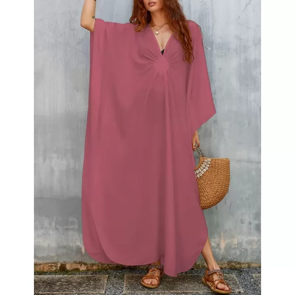 Bsubseach Women Solid Color Cover Up V Neck Batwing Sleeve Plus Size Beach Kaftan Dresses