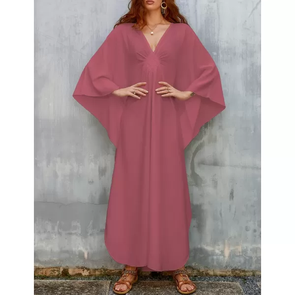 Bsubseach Women Solid Color Cover Up V Neck Batwing Sleeve Plus Size Beach Kaftan Dresses