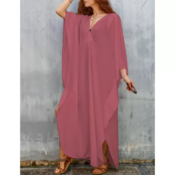 Bsubseach Women Solid Color Cover Up V Neck Batwing Sleeve Plus Size Beach Kaftan Dresses