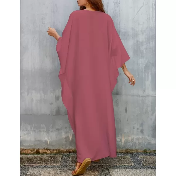 Bsubseach Women Solid Color Cover Up V Neck Batwing Sleeve Plus Size Beach Kaftan Dresses